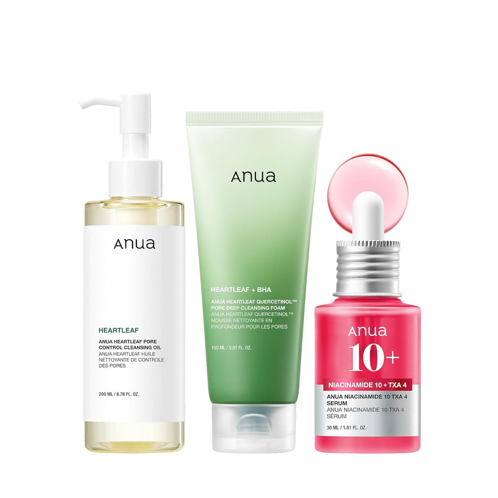 Anua 3 - Step Glass Skin Beginner Set, Oil Cleanser and Face Wash with Facial Serum, Double Cleansing Daily Routine with Niacinamide, Korean Skin Care Set - Dealqueen