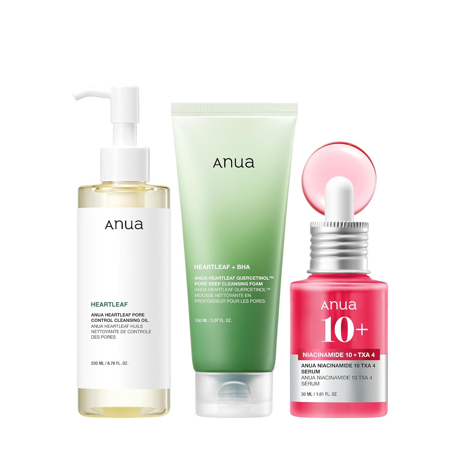Anua 3 - Step Glass Skin Beginner Set, Oil Cleanser and Face Wash with Facial Serum, Double Cleansing Daily Routine with Niacinamide, Korean Skin Care Set - Dealqueen