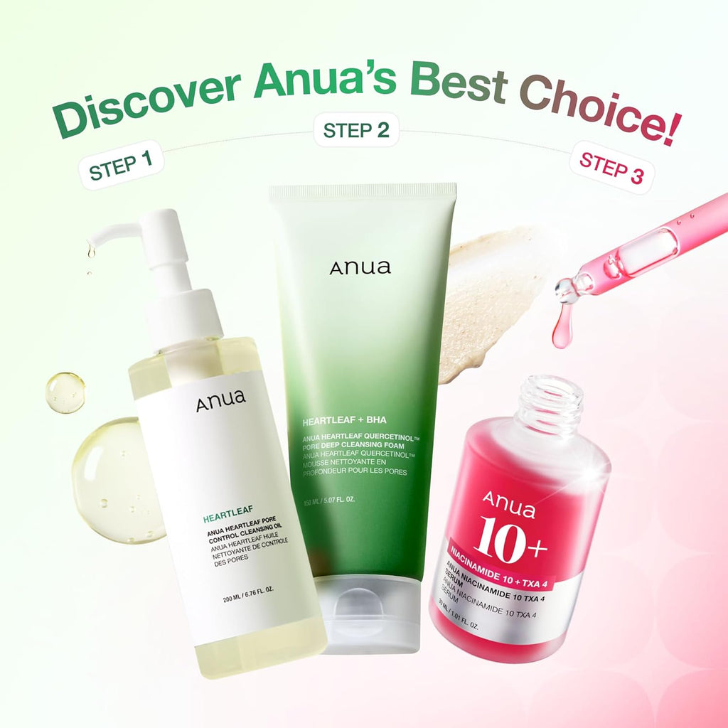 Anua 3 - Step Glass Skin Beginner Set, Oil Cleanser and Face Wash with Facial Serum, Double Cleansing Daily Routine with Niacinamide, Korean Skin Care Set - Dealqueen