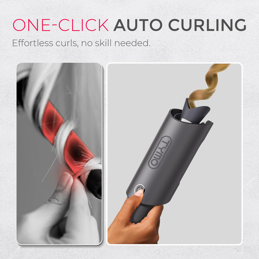 TYMO Automatic Rotating Curling Iron - TYMO CURLPRO Beach Waves Curling Wand, Portable Hair Curler, 500 Million Ionic, Dual Voltage & Lightweight for Travel, Ceramic Coating, 1 Inch, Metallic Gray - Dealqueen