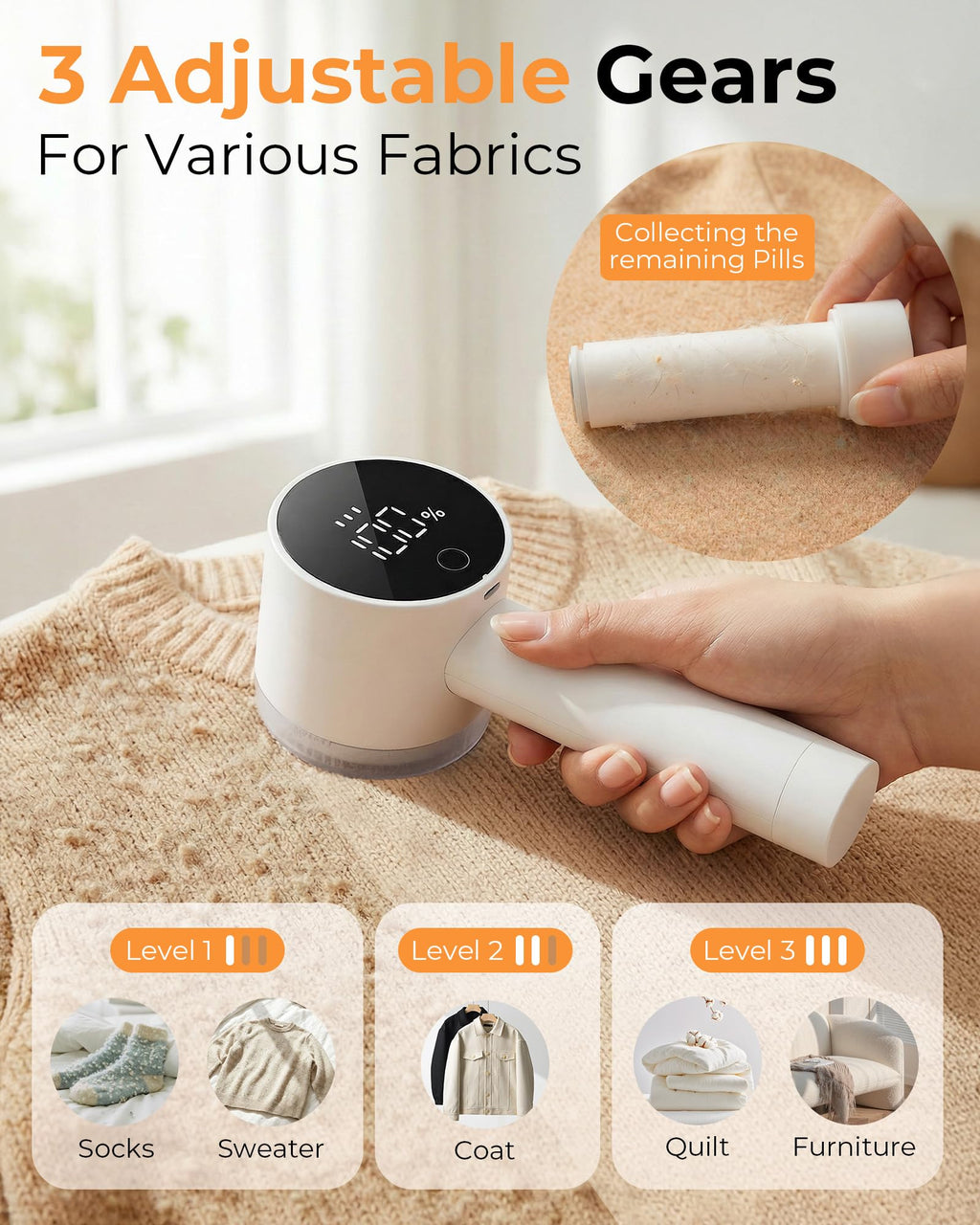 Fabric Shaver, Lint Remover Rechargeable, Electric Portable Sweater Defuzzer with 3 Speeds, 6 Leaf Blades, Digital LED Display to Remove Pilling for Clothes, Furniture, Sweater, Couch, Blanket - Dealqueen