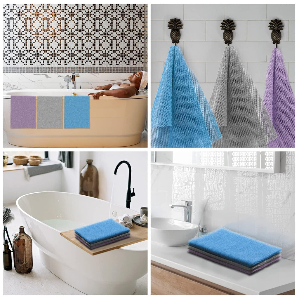 UJFQBH 3 Pieces African Bath Sponge African Net Long Net Bath Sponge Exfoliating Shower Body Scrubber Back Scrubber Skin Smoother,Great for Daily Use (Pink,Yellow,Purple)