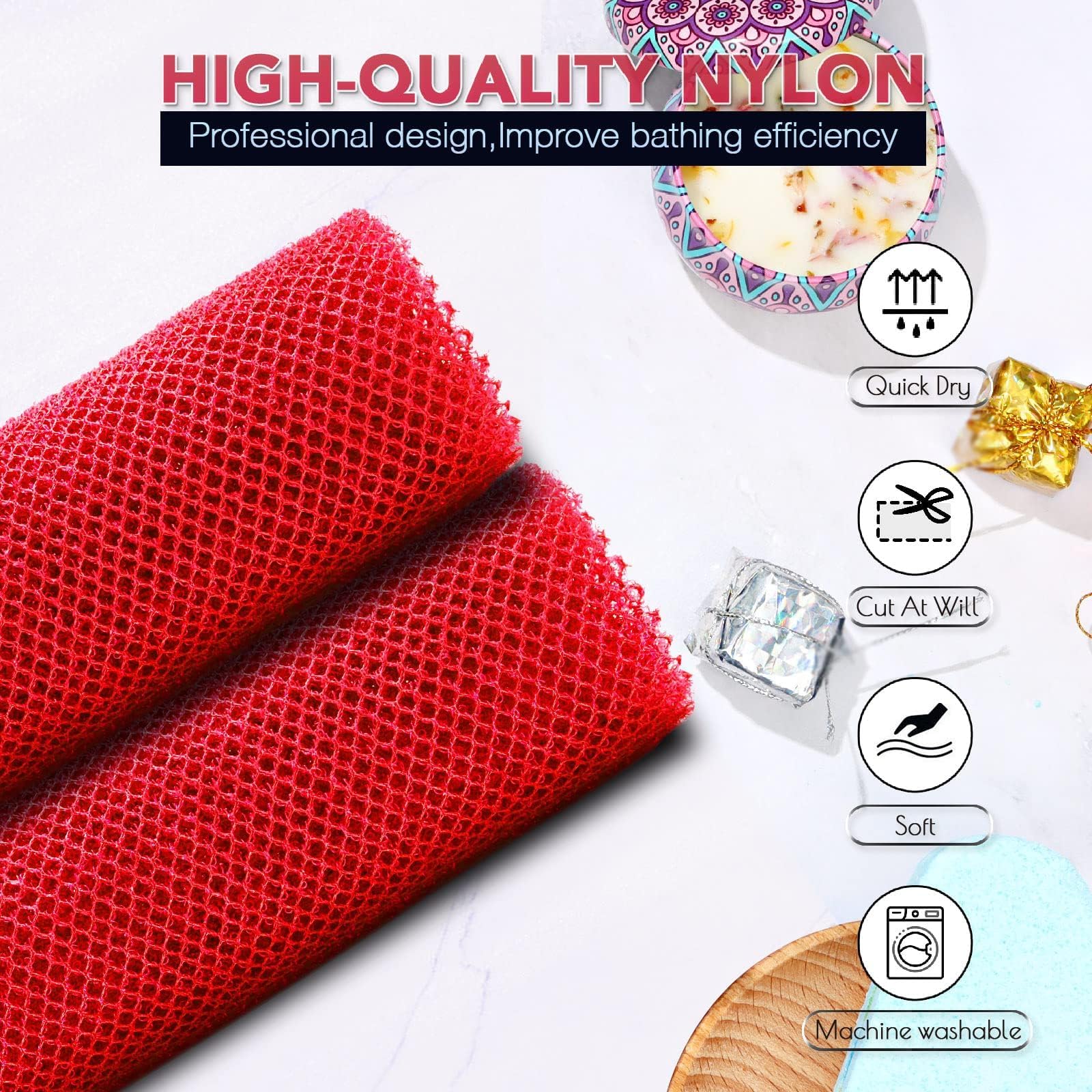 UJFQBH 3 Pieces African Bath Sponge African Net Long Net Bath Sponge Exfoliating Shower Body Scrubber Back Scrubber Skin Smoother,Great for Daily Use (Pink,Yellow,Purple)