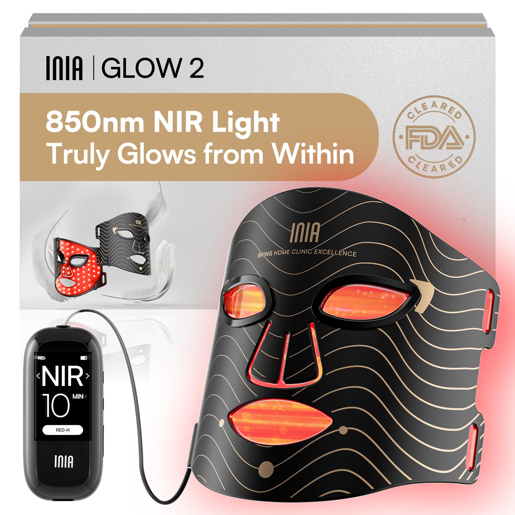 INIA Red Light Therapy Mask for Face – 4 Light Modes with 850nm NIR, Red & Blue LED Light Therapy, 2600mAh Rechargeable LED Face Mask for Radiant Glow at Home, Black - Dealqueen