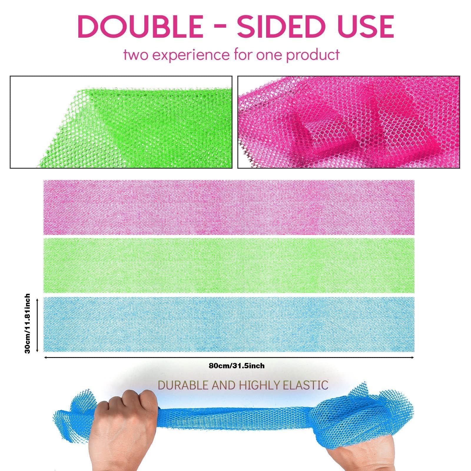 UJFQBH 3 Pieces African Bath Sponge African Net Long Net Bath Sponge Exfoliating Shower Body Scrubber Back Scrubber Skin Smoother,Great for Daily Use (Pink,Yellow,Purple)