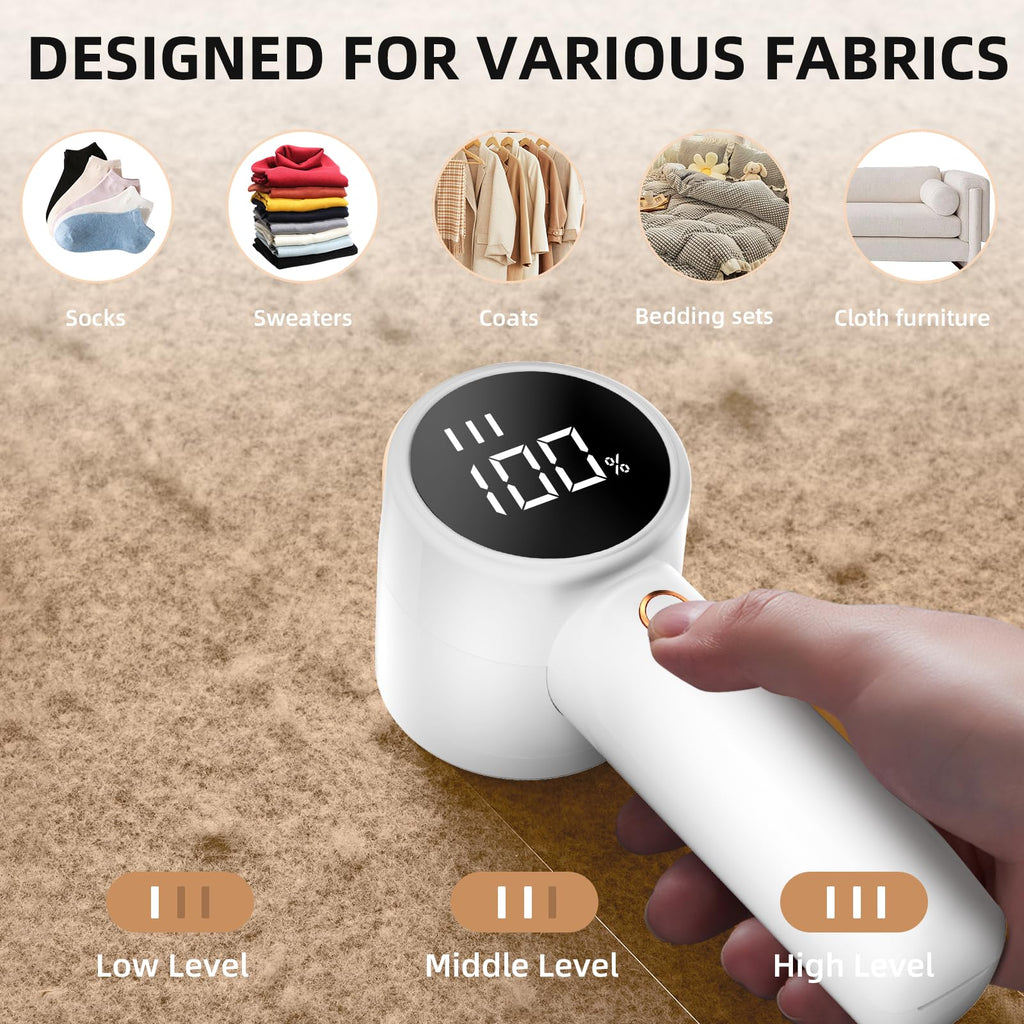 Fabric Shaver, Lint Remover Rechargeable, Electric Portable Sweater Defuzzer with 3 Speeds, 6 Leaf Blades, Digital LED Display to Remove Pilling for Clothes, Furniture, Sweater, Couch, Blanket - Dealqueen