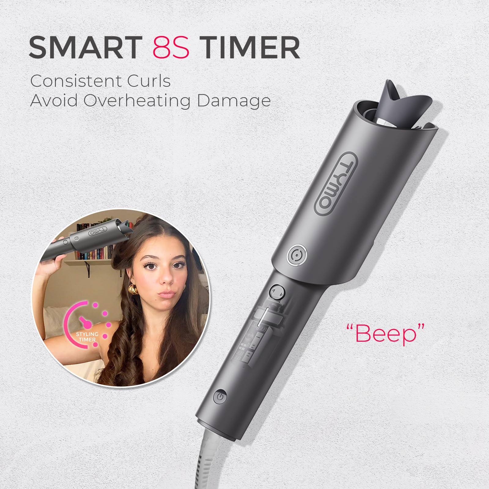 TYMO Automatic Rotating Curling Iron - TYMO CURLPRO Beach Waves Curling Wand, Portable Hair Curler, 500 Million Ionic, Dual Voltage & Lightweight for Travel, Ceramic Coating, 1 Inch, Metallic Gray - Dealqueen