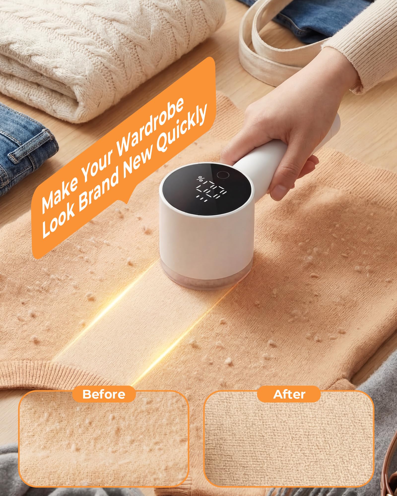 Fabric Shaver, Lint Remover Rechargeable, Electric Portable Sweater Defuzzer with 3 Speeds, 6 Leaf Blades, Digital LED Display to Remove Pilling for Clothes, Furniture, Sweater, Couch, Blanket - Dealqueen