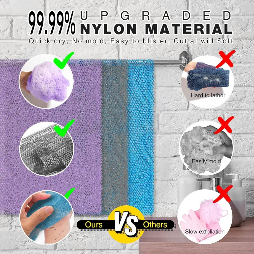 UJFQBH 3 Pieces African Bath Sponge African Net Long Net Bath Sponge Exfoliating Shower Body Scrubber Back Scrubber Skin Smoother,Great for Daily Use (Pink,Yellow,Purple)